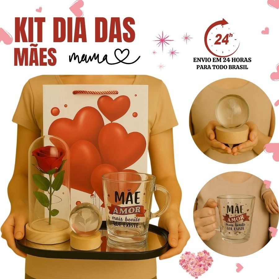 Kit Personalizado Dia das Mães Caneca 420ML Enfeite Decorativo  Luz Led Luminária I love You Sacola