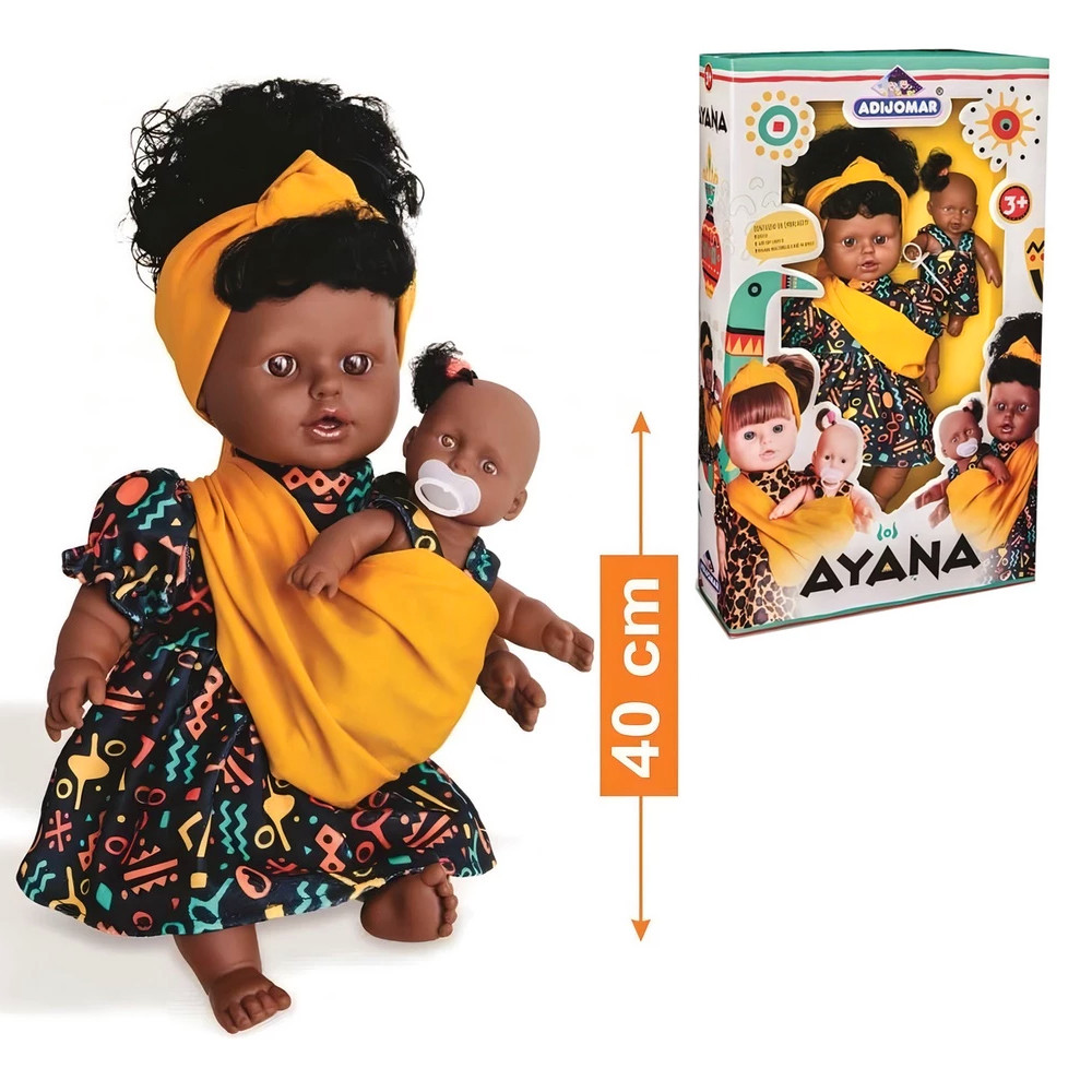 Boneca Ayana Articulada Africana Negra 40cm Com Filha Menina
