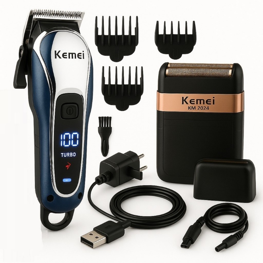 Kit Kemei 2024+1995 Barbeador Elétrico Máquina Cortar Cabelo Barba Profissional Recarregável USB