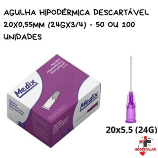 Agulha Hipodérmica Descartável 20x0,55MM (24Gx3/4) - 50 e 100 Unidades em Oferta na Shopee