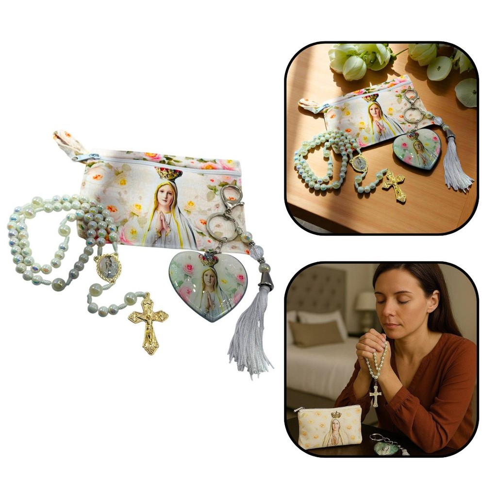Kit Terço e Chaveiro Nossa Senhora de Fátima com Bolsinha