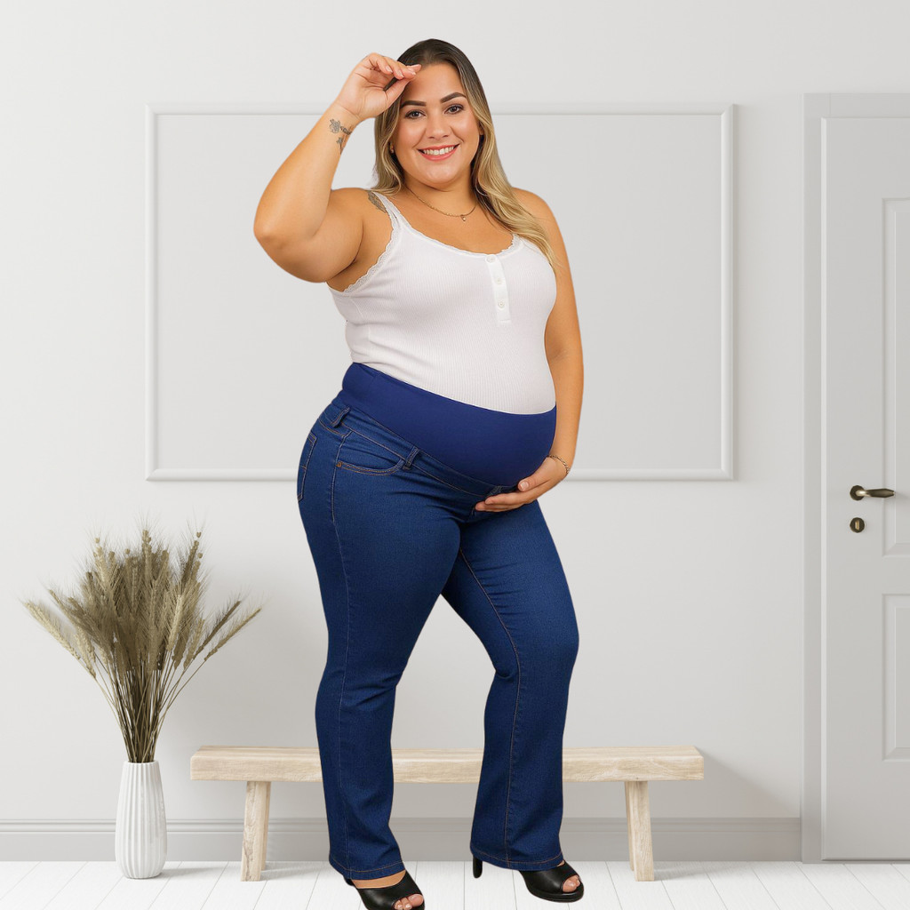 Calça Jeans Plus Size Gestante Flare Grávida Cós Suplex