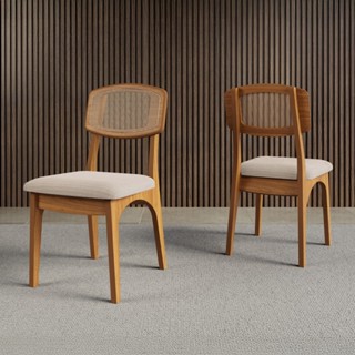 Kit 2 Cadeiras Retrô 100% Mdf com Encosto em Palha Sintética Freijó/Bege Rústico - Dalla Costa em Oferta na Shopee
