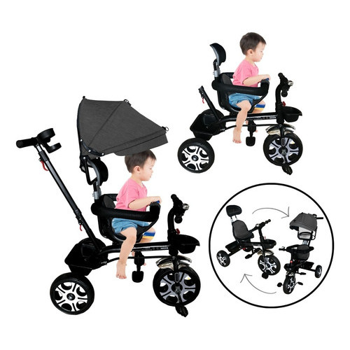 Triciclo Motoca Bicicleta 3 Rodas Infantil Passeio com Empurrador Pedal Capota Preta Brinqway Bw302Pt