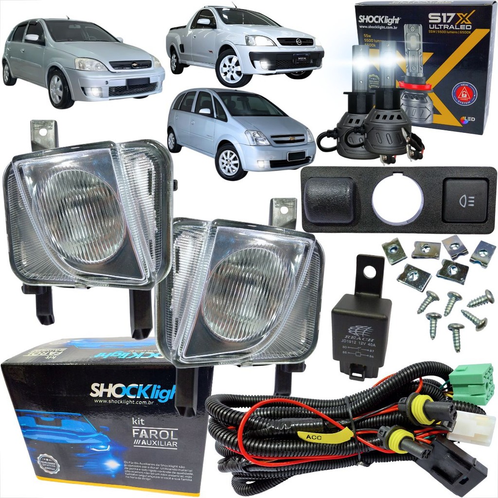 KIT INSTALAÇÃO FAROL DE MILHA GM CHEVROLET MERIVA MONTANA CORSA 2003 À 2011 BOTÃO MODELO ORIGINAL + LÂMPADA LED S17