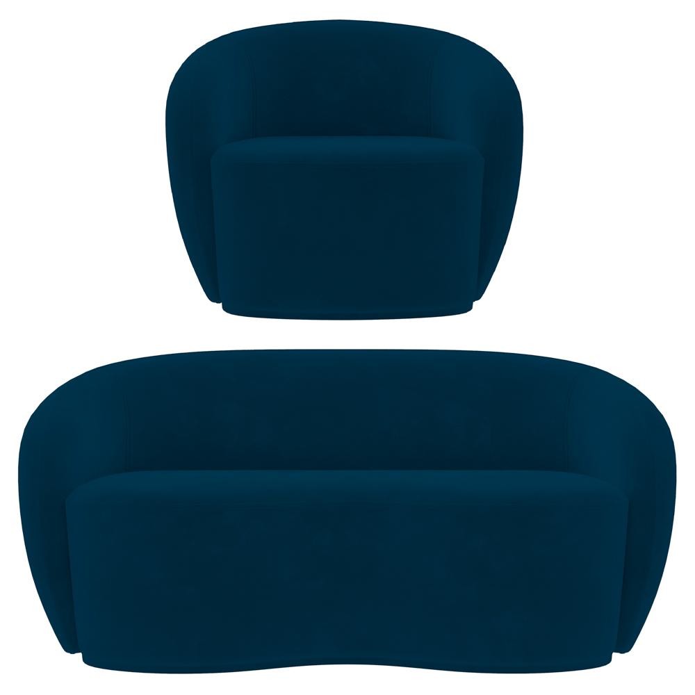 Sofá 2 Lugares Living 160cm e 1 Poltrona Giratória Garbin Z08 Veludo Azul Marinho - Mpozenato
