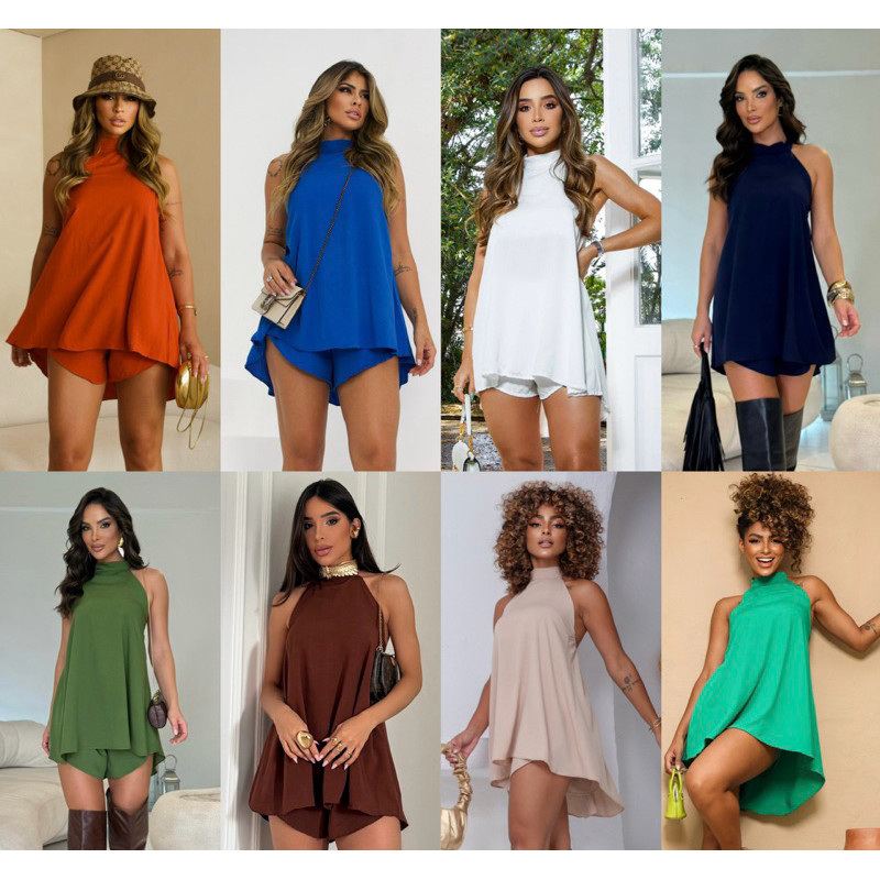 Trancoso - Conjunto Feminino de Bata e Shorts em Viscolinho Bata Frente Unica e decote nas Costas e Shorts com Elástico