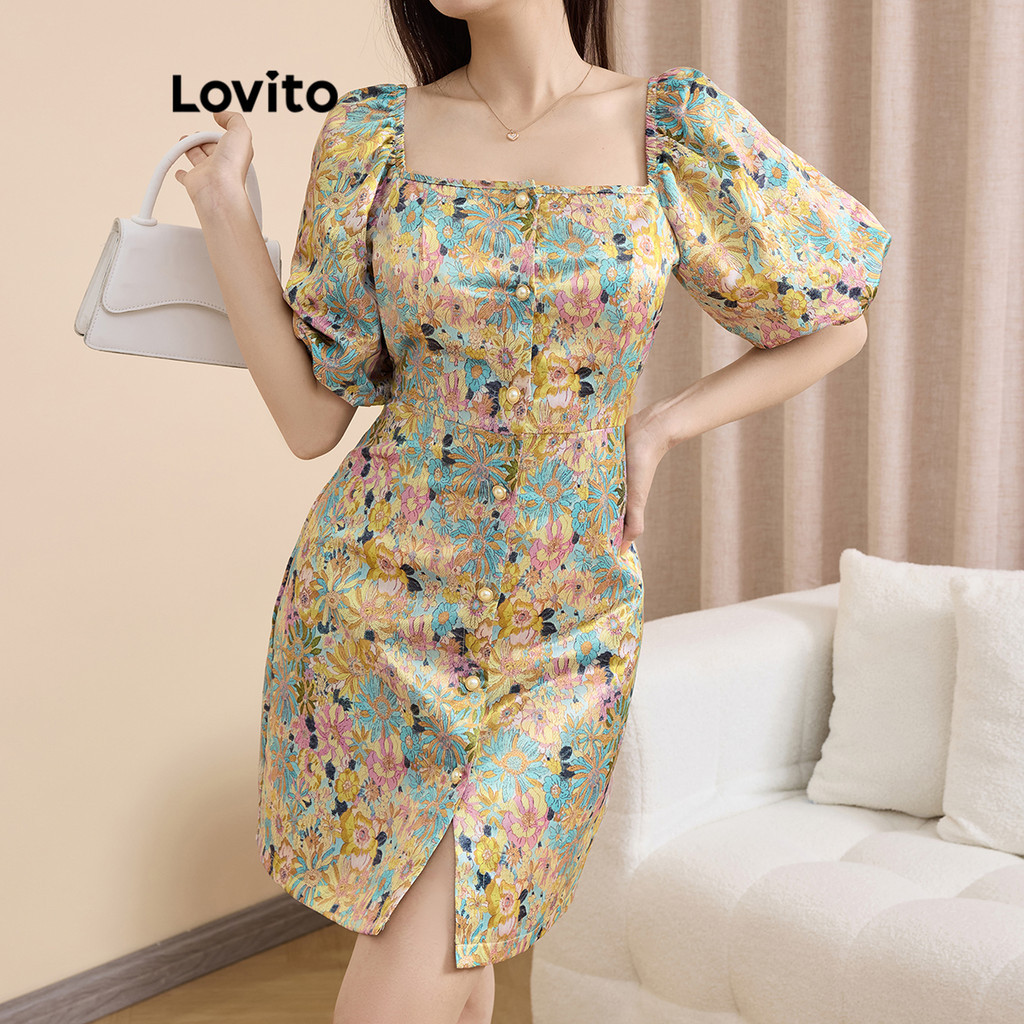 Lovito Vestido Casual Ditsy Floral Com Botão Frontal Vestido De Verão/Primavera Para Mulheres L109MD123 - Women Clothes