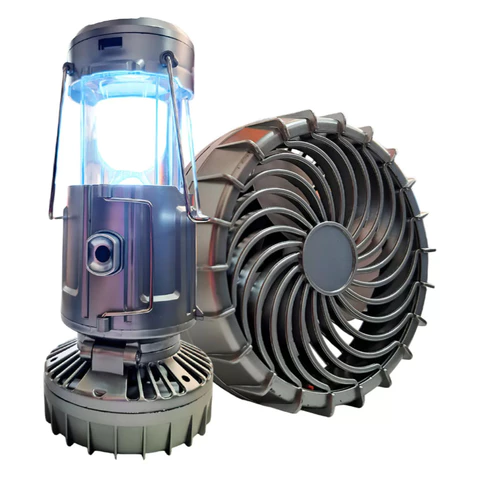 Lampião Lanterna Led Com Ventilador Portátil Recarregável e Carregamento Solar 3 em 1 Acampamento