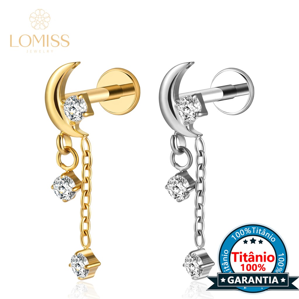 Lomiss Piercing Helix Tragus Conch Labret Titânio Lua Com Correntes Zircônias em Oferta na Shopee