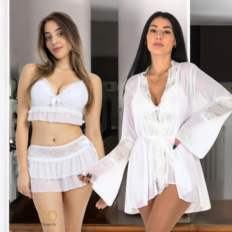 KIT Robe Curto + Trio Saia/Sutiã/Calcinha Lingerie Kimonos Pijama Lingeire Núpcias