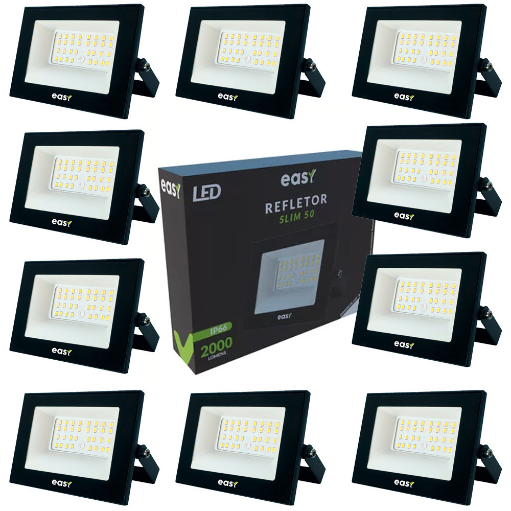 Kit 10 Refletor Led Easy 50W Luz Branco Frio 6500K Bivolt 127v 220v Iluminação Externa em Oferta na Shopee