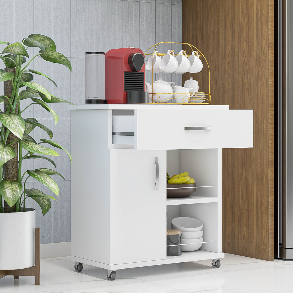 Detalhes do Balcão com Gaveta Suporte Microondas e Fruteira com Rodinhas Multiuso