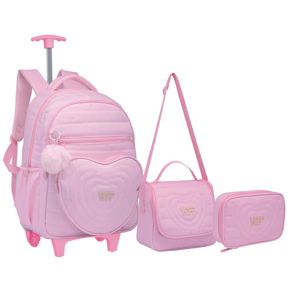 Kit Mochila Escolar Trolley Rodinha Coração Rosa Juvenil Rosa Lilás em Oferta na Shopee