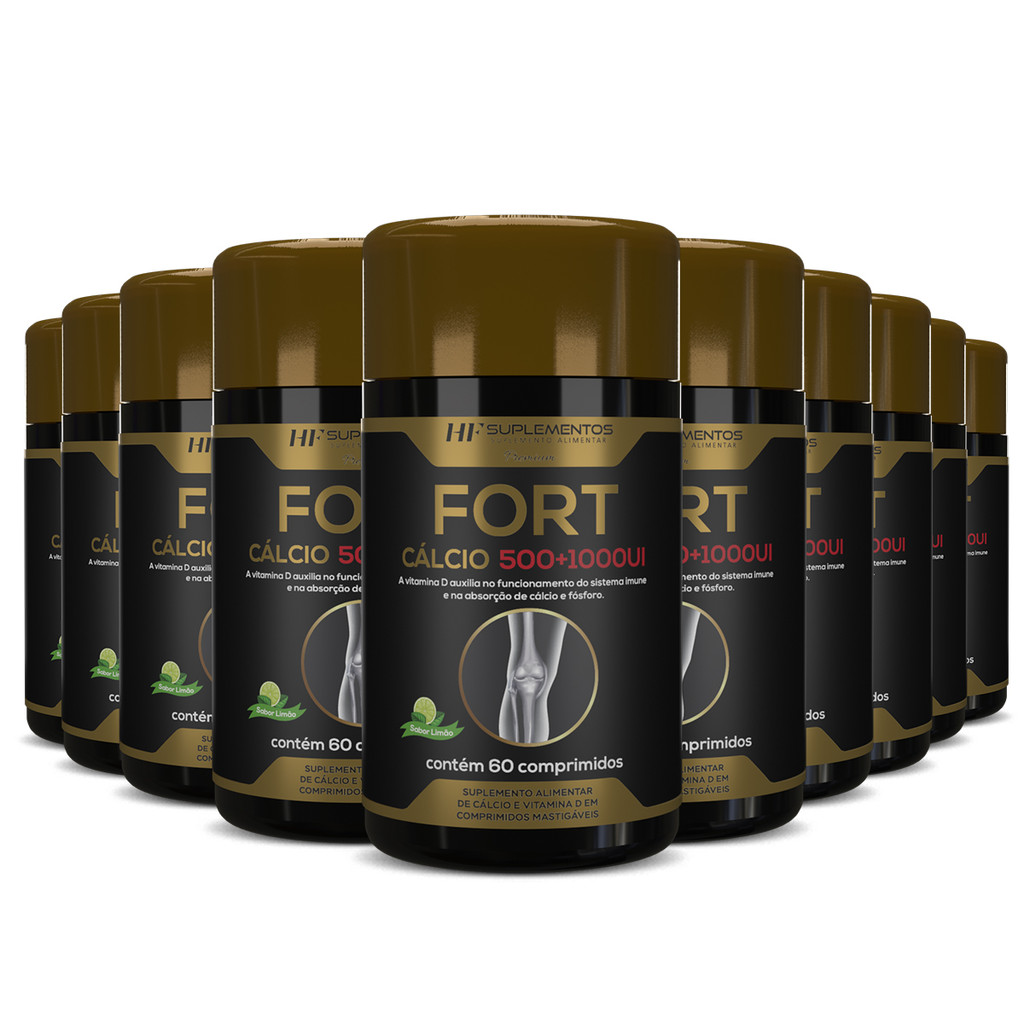 Kit 10 unidades Fort Cálcio 500 + 1000UI Premium 60 comprimidos Mastigáveis HF Suplementos – Cálcio, Vitamina D e Saúde!
