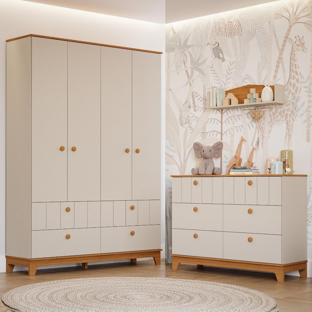 Quarto Bebê Completo Retrô Cômoda 6 Gavetas Guarda Roupas 4 Portas 100% MDF