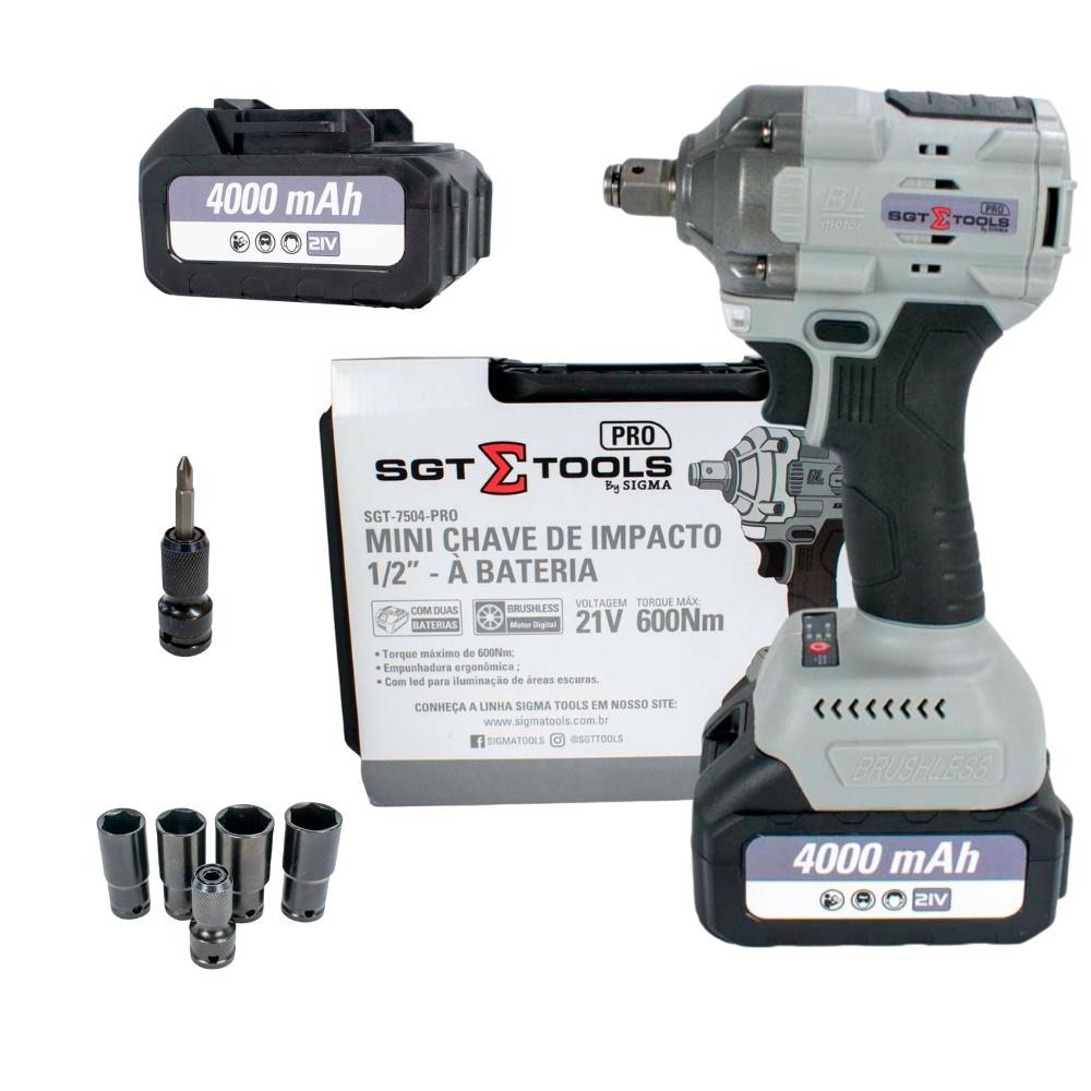 Chave de Impacto 21V 1/2" 600NM Mini com 2 Baterias Brushless SGT-7504 SIGMA - Home & Living
