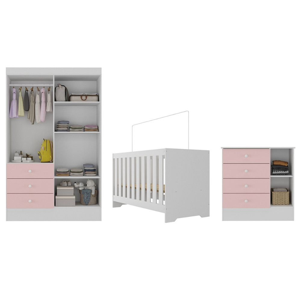 Quarto de Bebê Guarda Roupa 4 Portas 3 Gavetas Cômoda 4 Gavetas 1 Porta e Berço 3 em 1 Maya Rodial — imagem 2 de 2