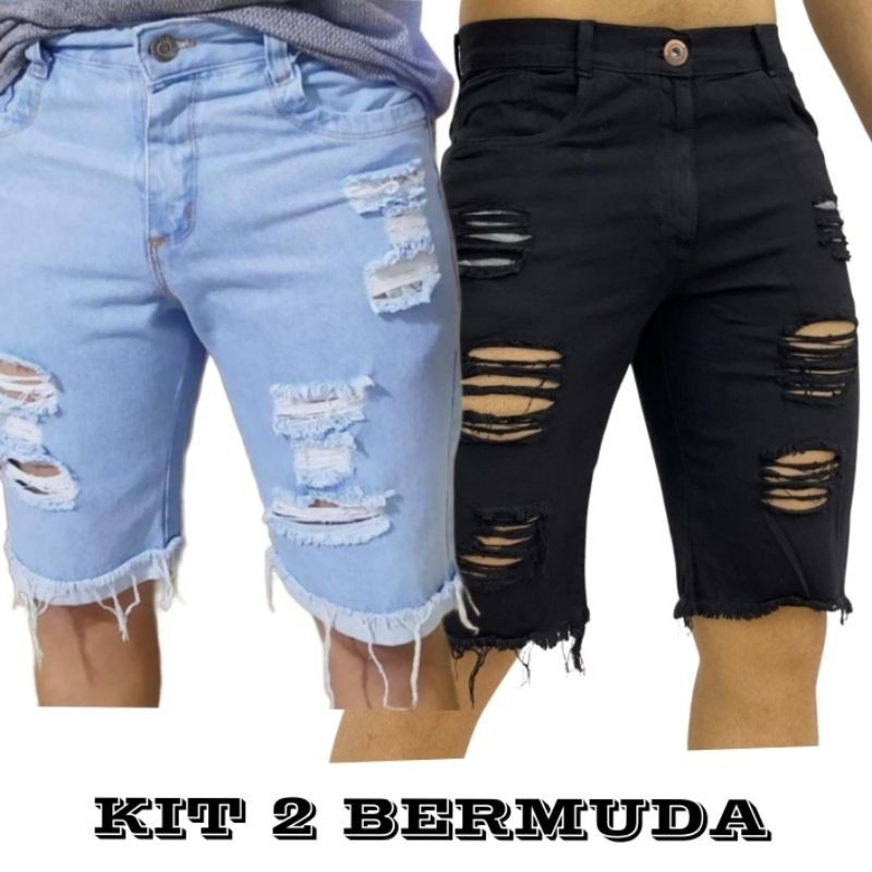 kit 2 Bermuda Premium  Jeans Rasgada Masculina Lisa Lycra em Oferta na Shopee