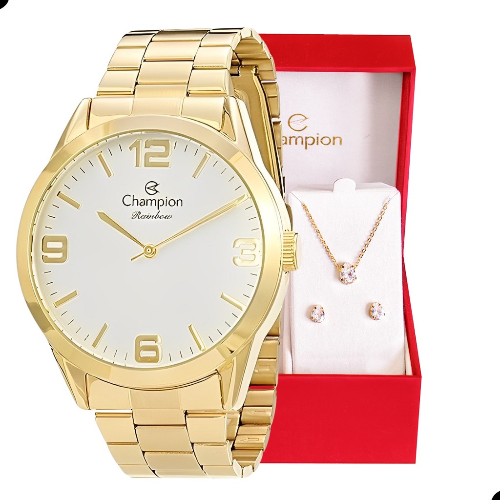 Imagem Relógio Champion Feminino Dourado Prova D´Agua + Kit de Brincos e Colar Garantia De Um Ano