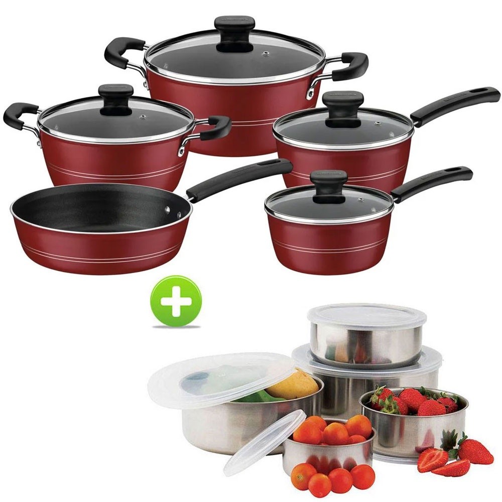 Jogo de Panelas Tramontina 5 Peças Sicília Vermelho e conjunto de tigelas inox 5 pçs - Home & Living