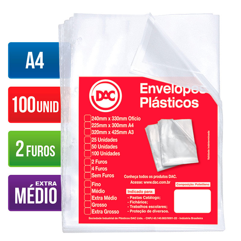 Envelope plástico A4 0.12 2 furos 5179A4 pacote com 100 unidades Dac em Oferta na Shopee