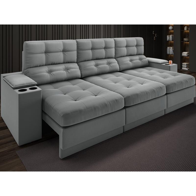 Sofá com Porta Copos e Carregador USB Eureka 2,30m Assento Retrátil e Reclinável Velosuede Cinza - NETSOFAS