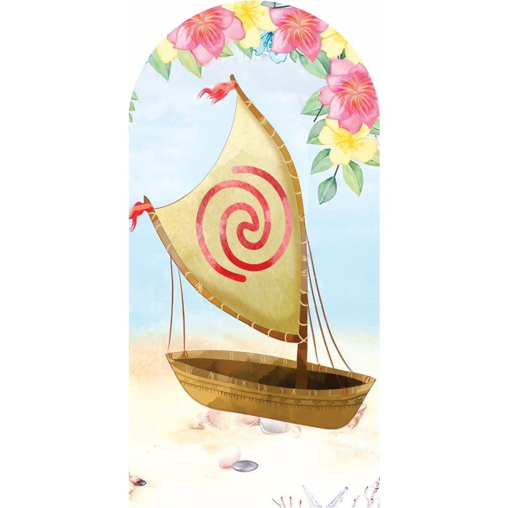 PAINEL DE FESTA MOANA BICHINHOS E BARCO MOANA ROMANO VERTICAL (Picole) 2M X 1M Com Elastico na borda