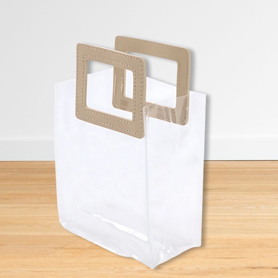 Sacola Transparente PVC Com Alça Retangular Couro Bege - 16,4x14,2x7,3cm em Oferta na Shopee