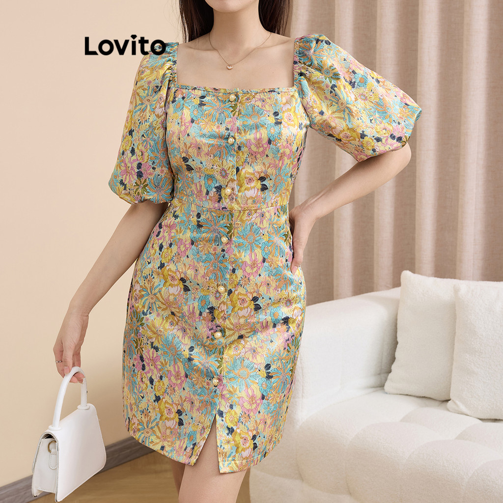 Detalhes do (Trendy) Lovito Vestido Casual Ditsy Floral Com Botão Frontal Vestido De Verão/Primavera Para Mulheres L109MD123