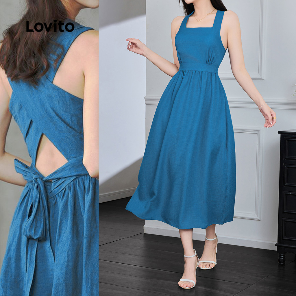 Lovito Vestido Casual liso com amarração nas costas e recorte para mulheres L131LD1013 - Women Clothes