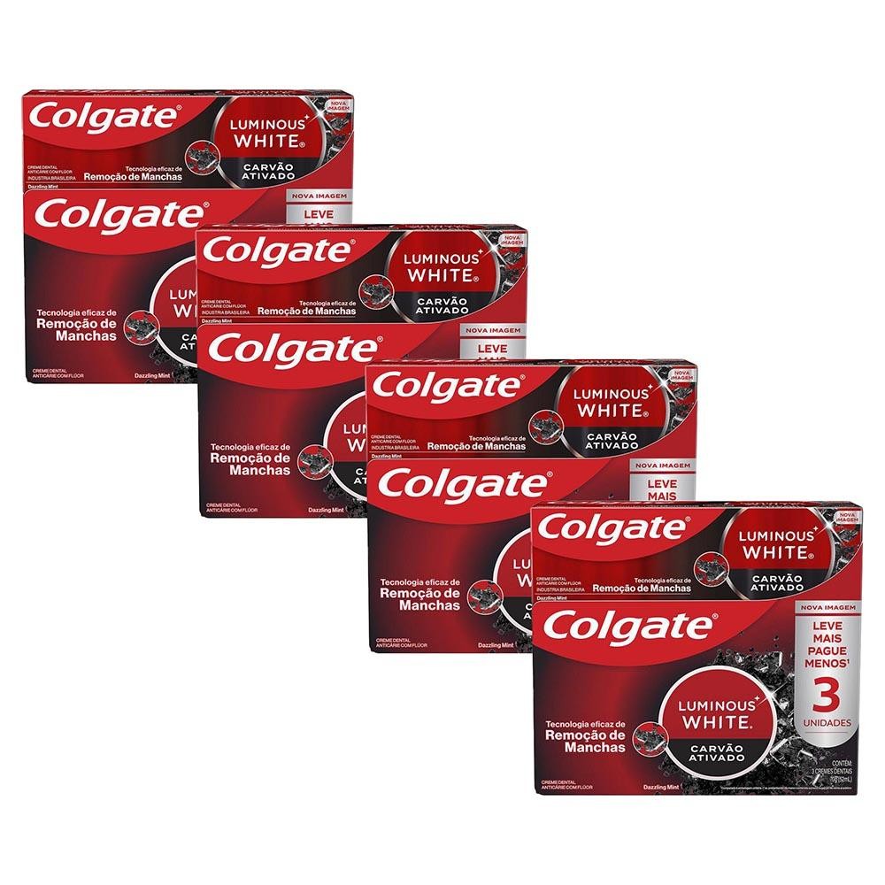 Kit 4 Pack Creme Dental Colgate Carvão Ativado Luminous White 3un de 70g