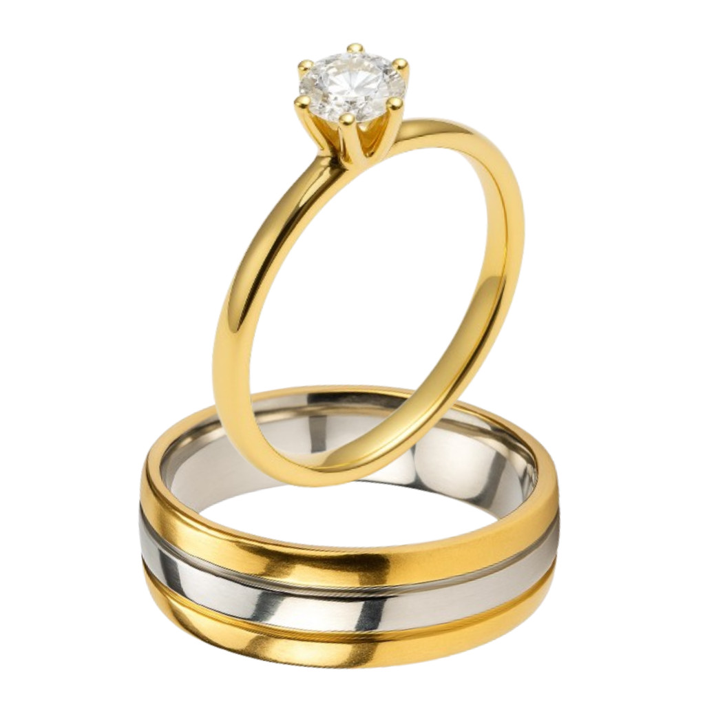 Anel Noivado 6mm Banhado Ouro 18k Bodas Friso  + Anel Solitário 2mm Ouro Tradicional Casamento Casal