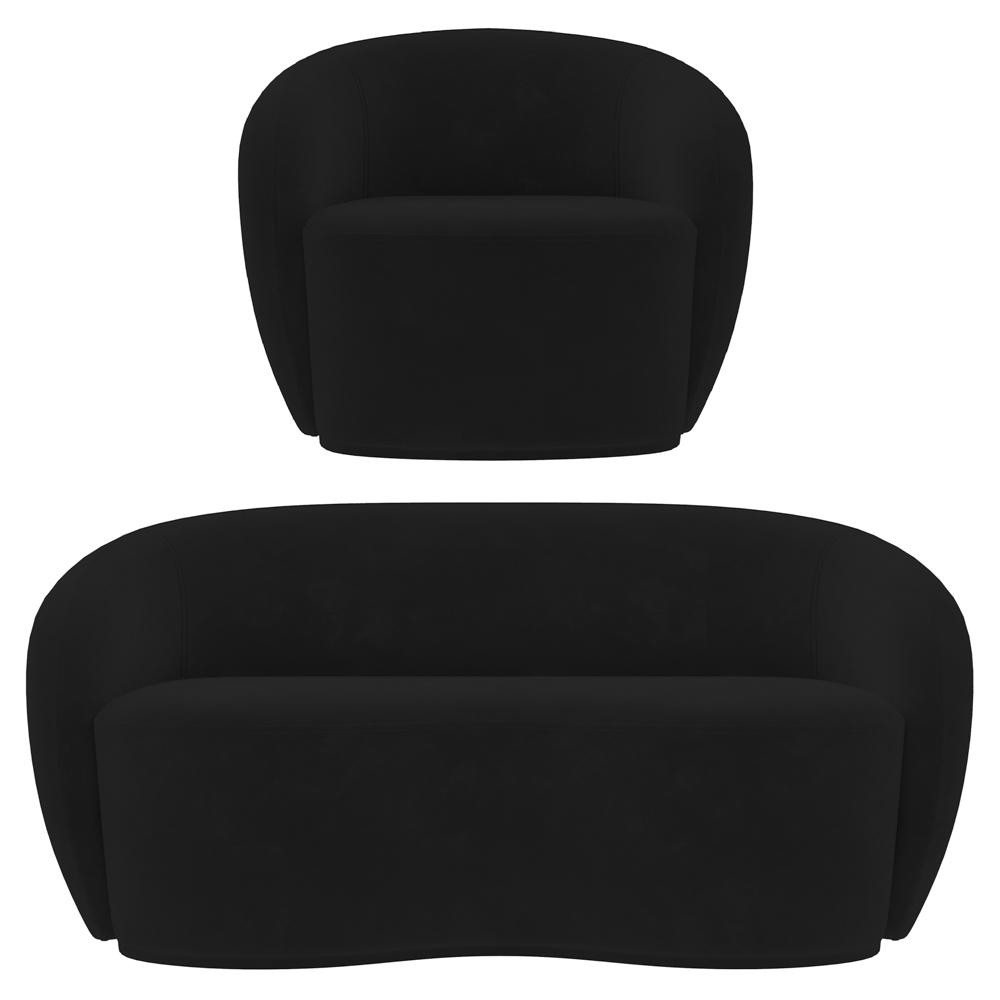 Sofá 3 Lugares Living 180cm e 1 Poltrona Giratória Garbin Z08 Veludo Preto - Mpozenato