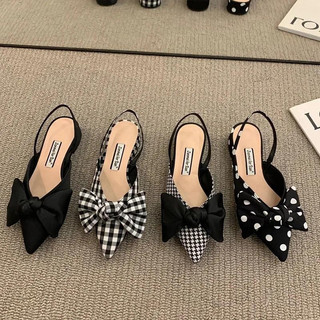 Mulheres Bombas Moda Sandálias de Salto Alto com Bico Fino Laço Slingbacks Bolas Xadrez Slip-On Salto Pequeno Slim Sapat