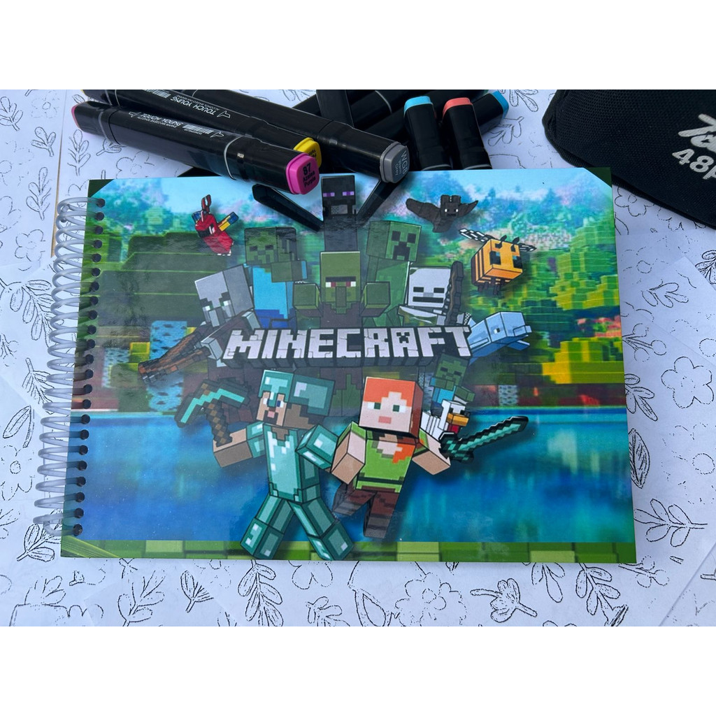 Livro de Colorir Minecraft A5 Capa Dura Espiral Infantil Criativo Educativo Gamer Caderno Pintura