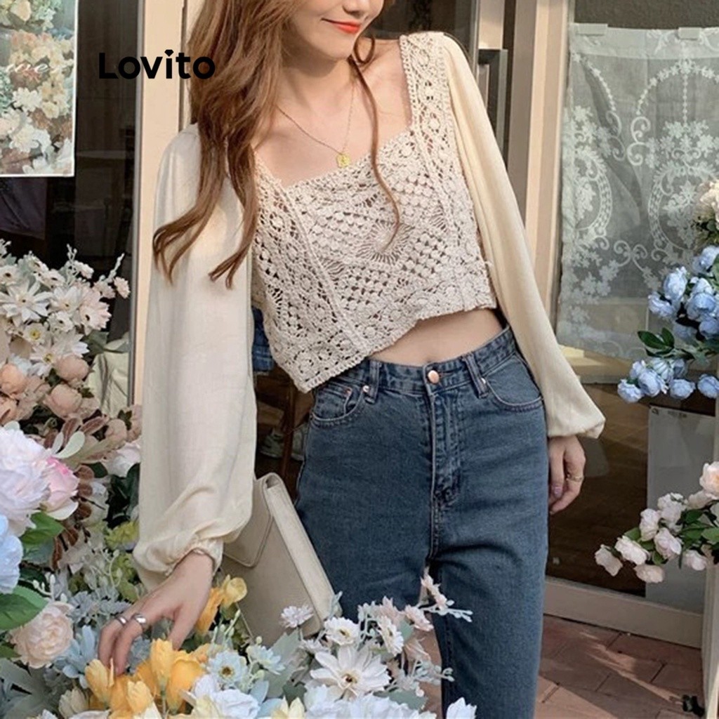 Lovito Blusa Casual Lisa com Babado Franja Bordado Contraste Tricô Pointelle e Manga de Lanterna para Mulheres LNL02133 - Women Clothes