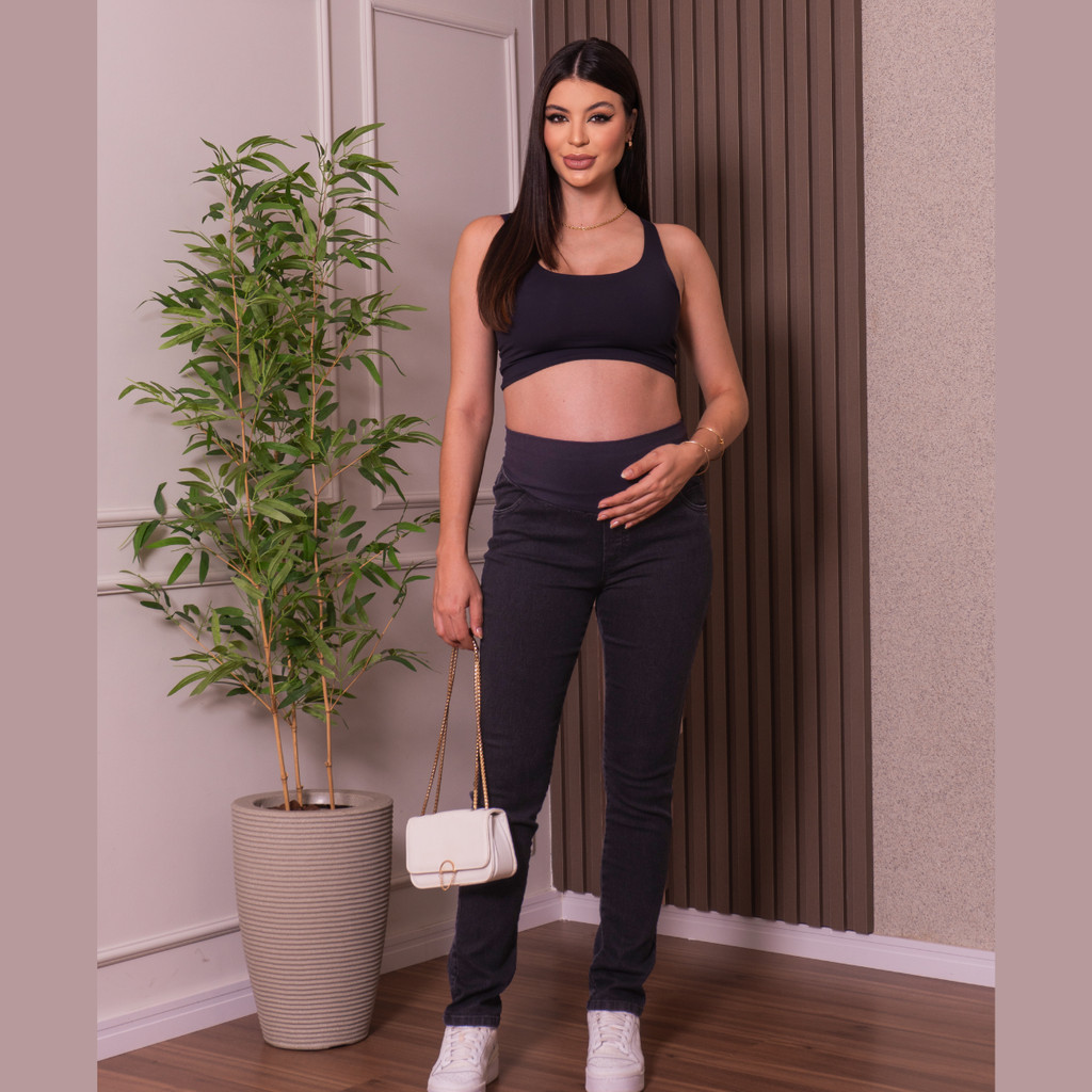 Calça Gestante Jeans Premium Escuro Black Com Elastano