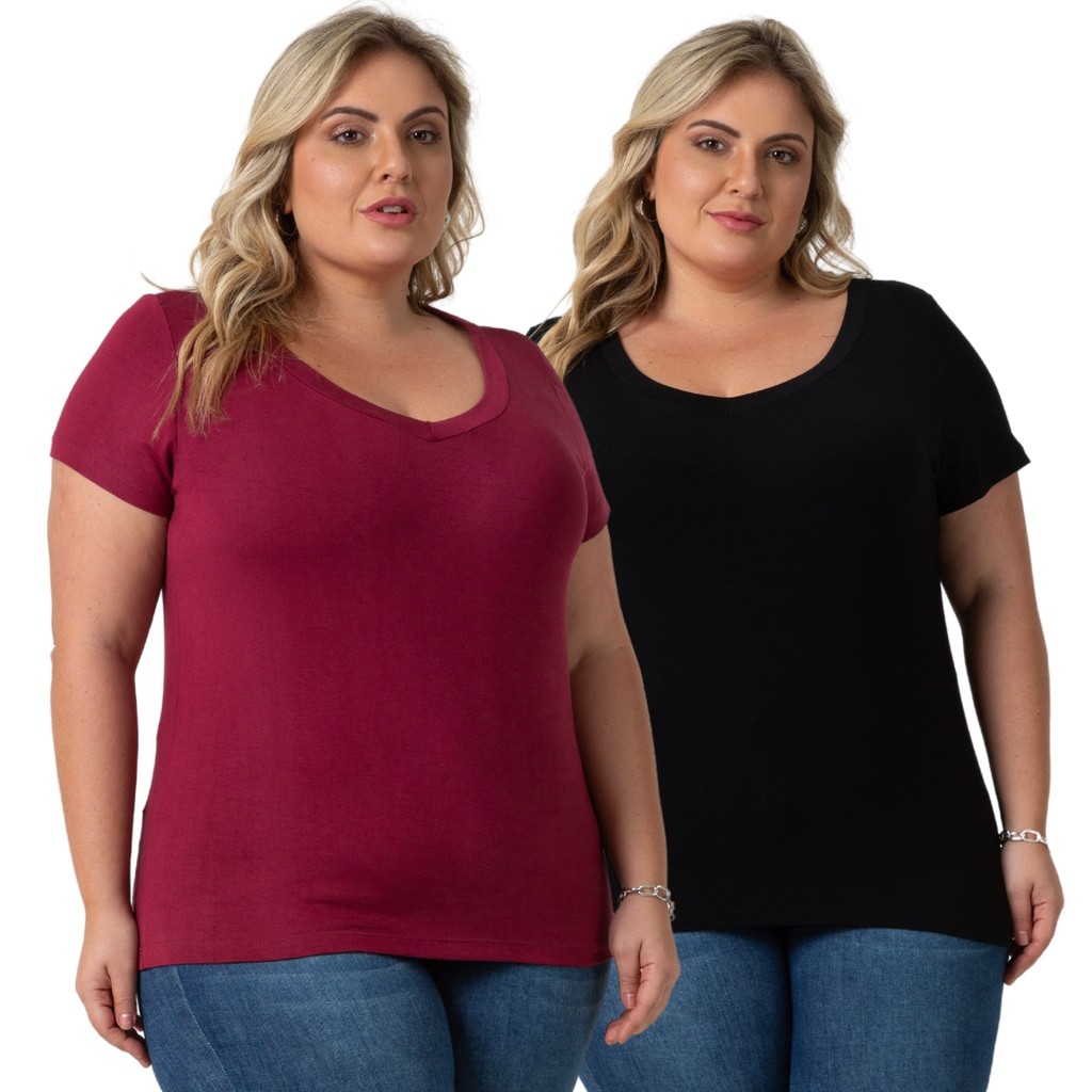 Kit 2 Blusa Plus Size Decote V Várias Cores Moda Feminina 103836-K2-DROP-C1