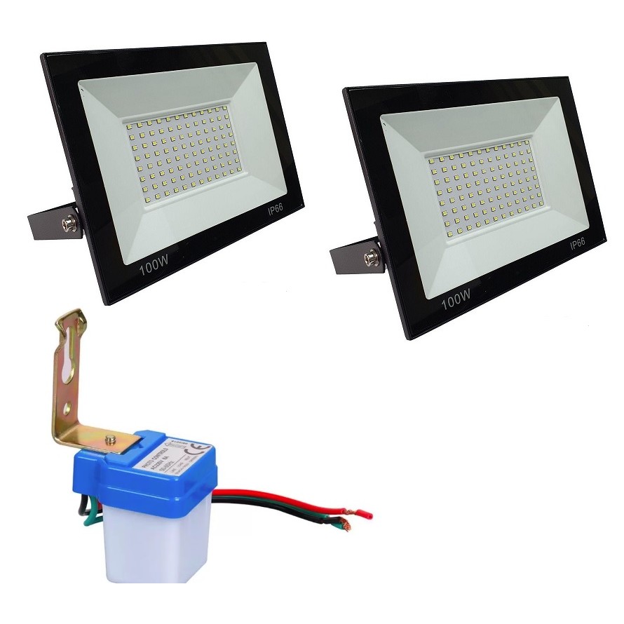 Kit 02 Refletor LED 100w e Sensor Fotocélula Externo Galaxy