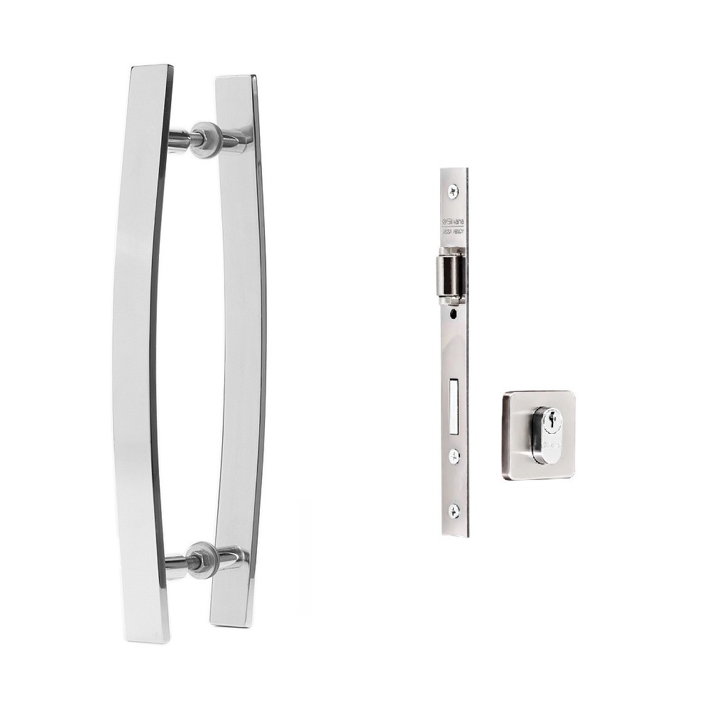 Kit Para Porta Pivotante com Puxador Curvo 50cm e Fechadura Rolete