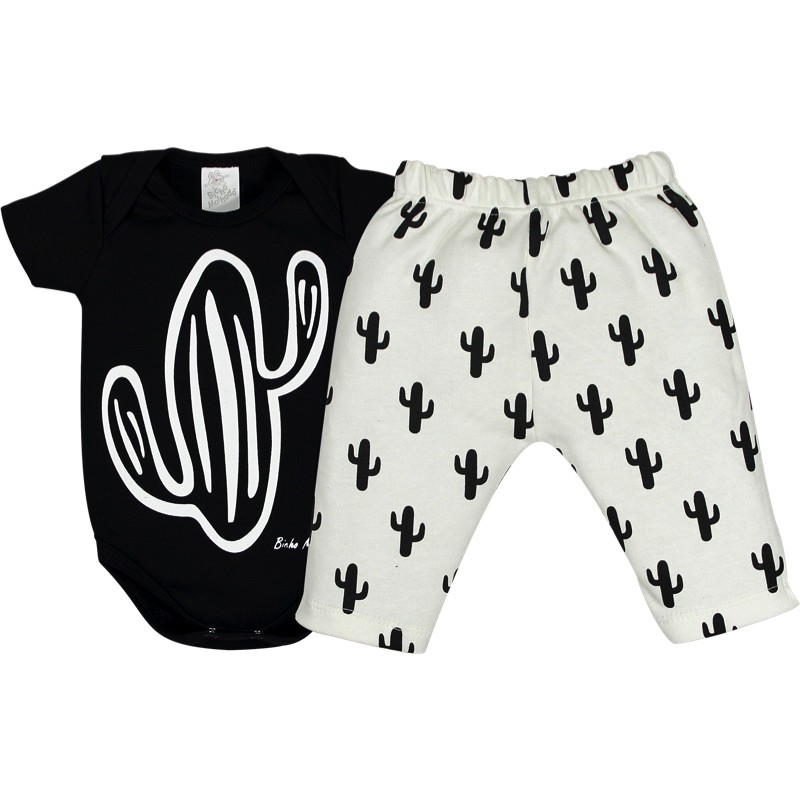 Conjunto Body Suedine Manga Curta Estampado + Calça Com Barra Estampa Cacto