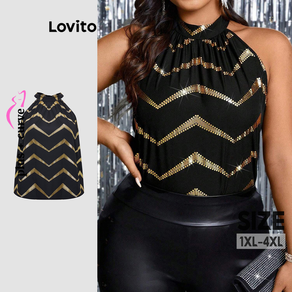 (Trendy) Lovito Blusa Curva Plus Size Elegante Blusa Listrada Com Babados Para Mulheres LBL19317 em Oferta na Shopee