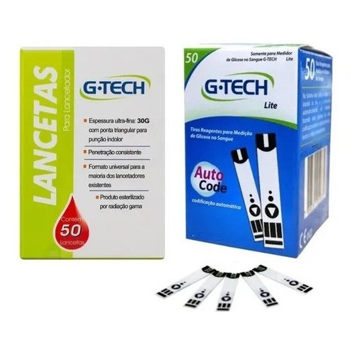 Kit Com 50 Tiras De Medir Glicose Glicemia + 50 Lancetas Para Lancetador Gtech