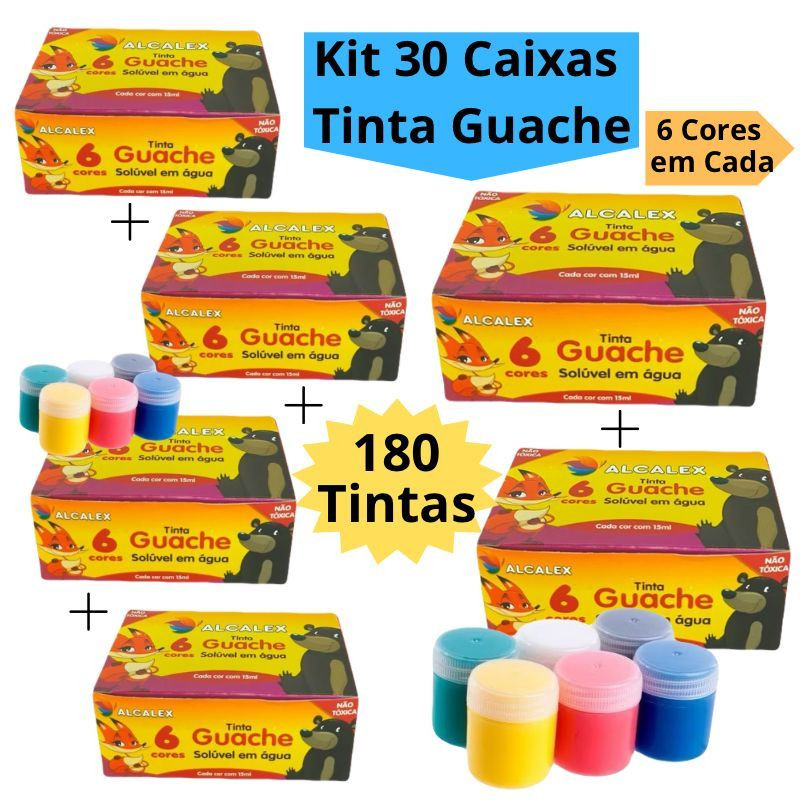 Kit 30 Caixas Tinta Guache 15ml Caixa Com 6 Cores Diferentes 180 Tintas Infantil Escolar Alcalex em Oferta na Shopee