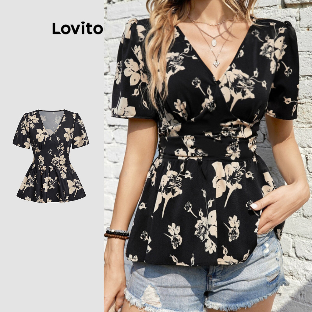 Lovito Blusa Elegante Blusa Floral Flores Para Mulheres L112ED568 em Oferta na Shopee