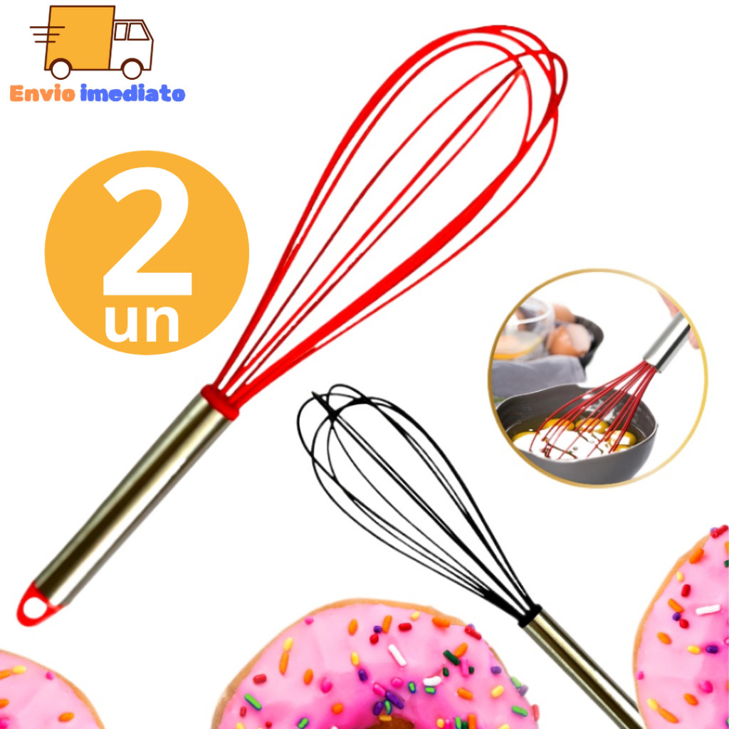 2 Batedores de Clara de Ovos Bolo Fue Fouet 30,5cm Inox com Silicone Multiuso Para Cozinha