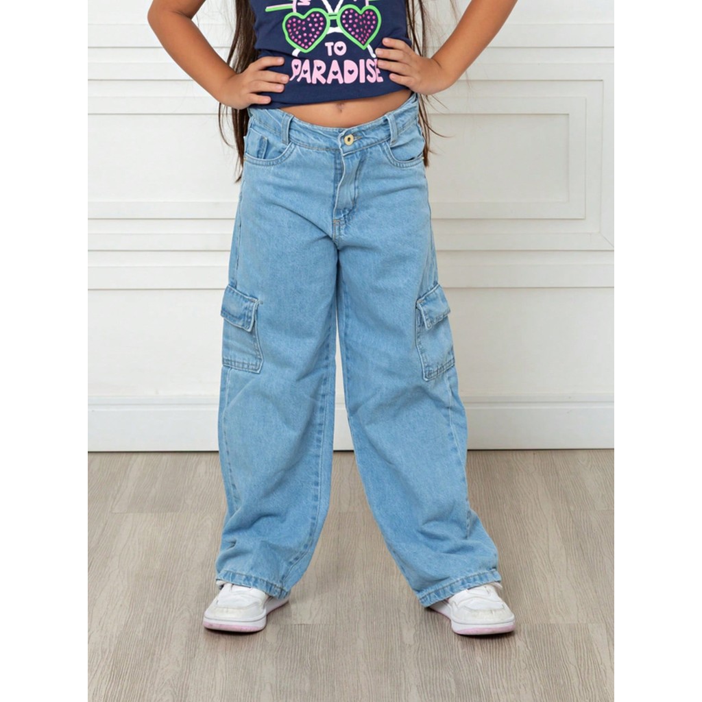 Calça Jeans Wide Leg Cargo Feminina Infantil e Juvenil 4 ao 16