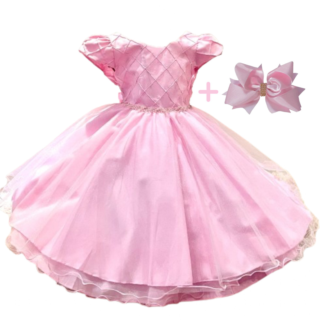 Vestido Infantil Rosa Bebe Strass Babado Luxo Acompanha Laço de Cabelo d4183