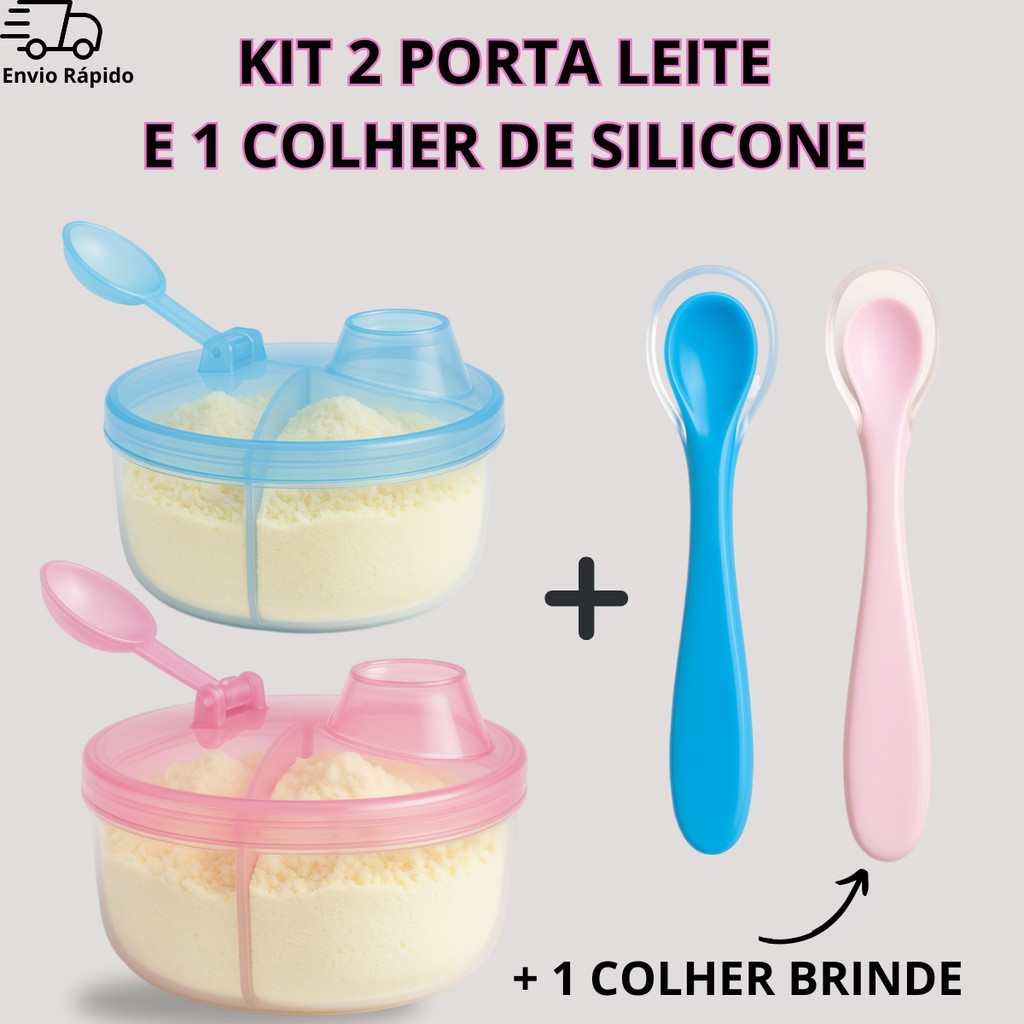 Kit 2 Porta Leite em Pó + 2 Colheres com Ponta de Silicone